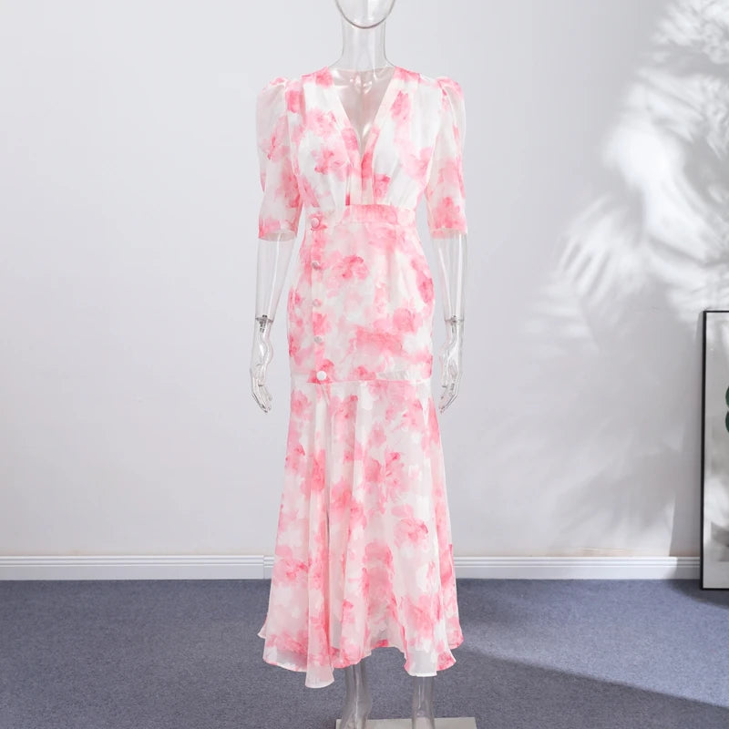 Women Printed V Neck Long Dress Flared Sleeve Lotus Leaf Edge High Waist Slim Fit Maxi Dresses Lady Elegant Evening Party Dress
