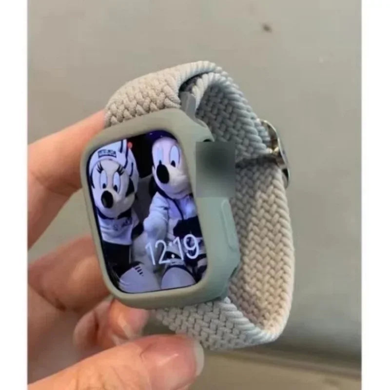 Korean Cute Braied Strap + Case For Apple Watch Band 49mm 41mm 45 44 38 42 Nylon Bracelet For iWatch Series 9 8 7 6 5 4 3 SE 40