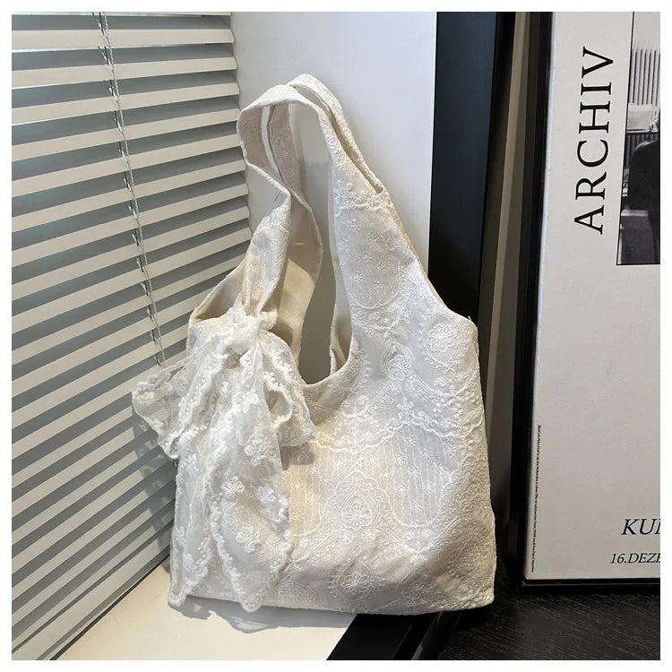 Casual Lace Embroidery Shoulder Bags for Women Simple Versatile Ladies Handbags Large Tote Lightweight Commuter Female Vest Bag