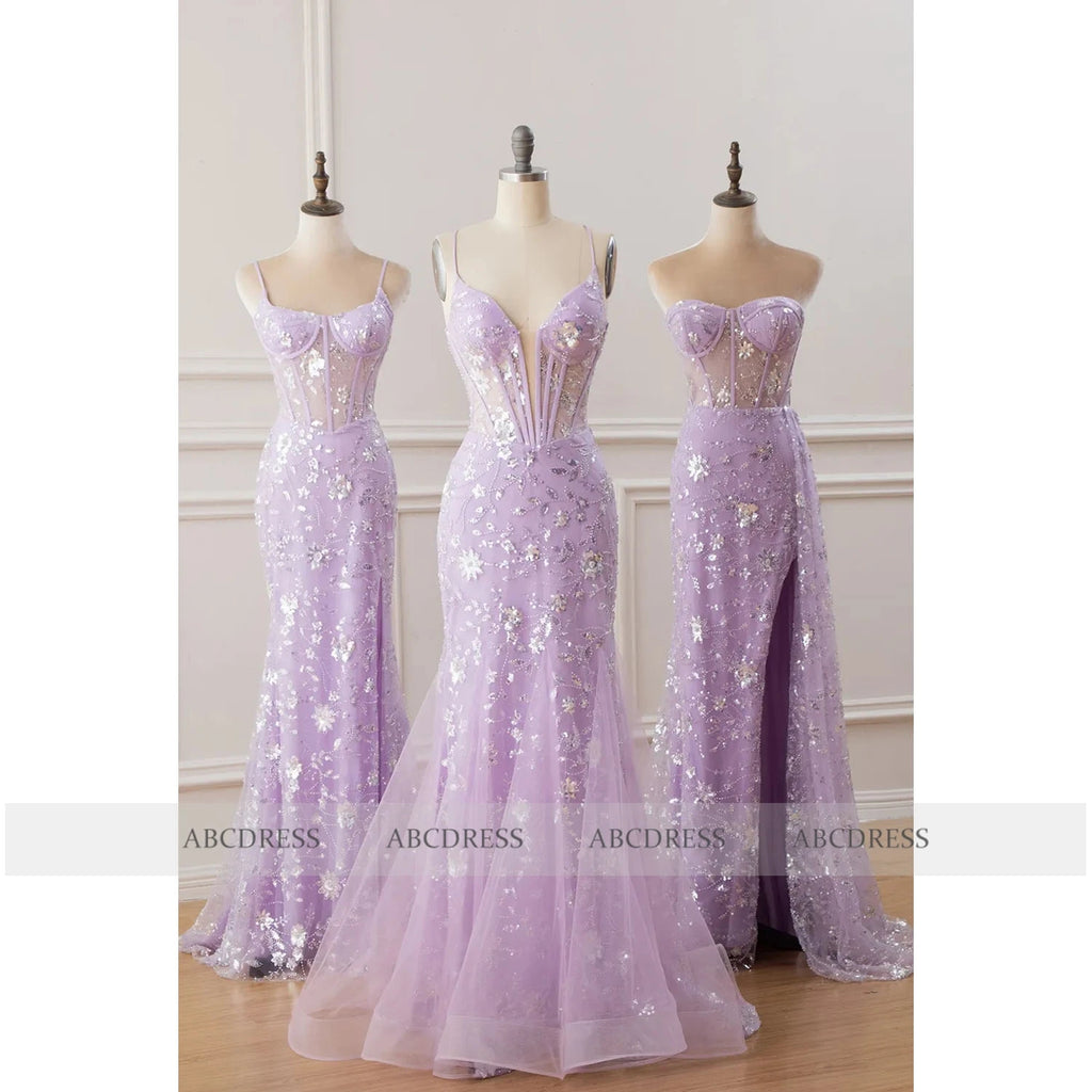 Customized Sparkly Floral Sequin Applique Long Prom Dress Mermaid Maix Evening Gown Elegant Sheer Corset Criss Cross with Slit
