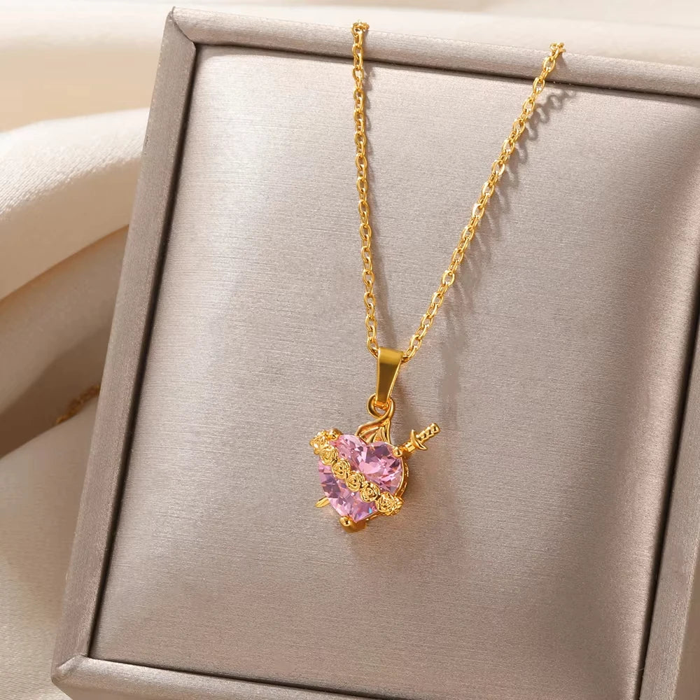 Pink Heart Zircon Necklace Gold Color Stainless Steel Cupid Eros Arrow Heart Pendant Necklace Korean Fashion Jewelry Party