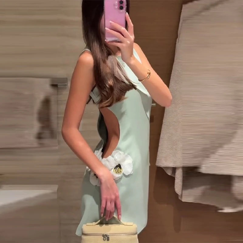Women's Elegant 3d Flower Sleeveless Mini Dress Lady Light Green Vacation Party Dresses Stylish Female New Trend Summer Clothes
