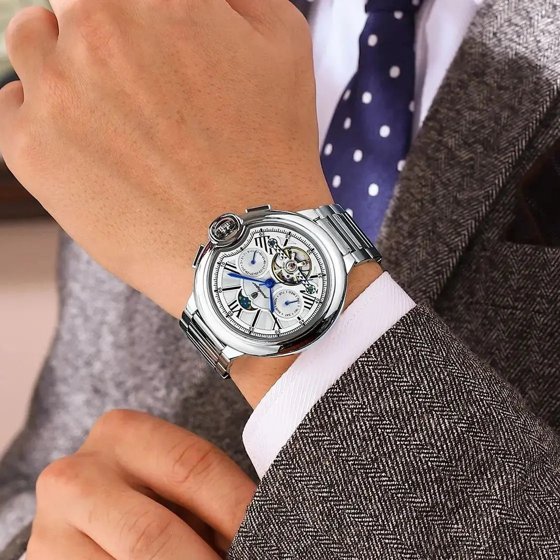 POEDAGAR Luxury Business Male Watch Date Week Stainless Steel Tourbillon Men Clock Waterproof Automatic Mechanical Men's Watches