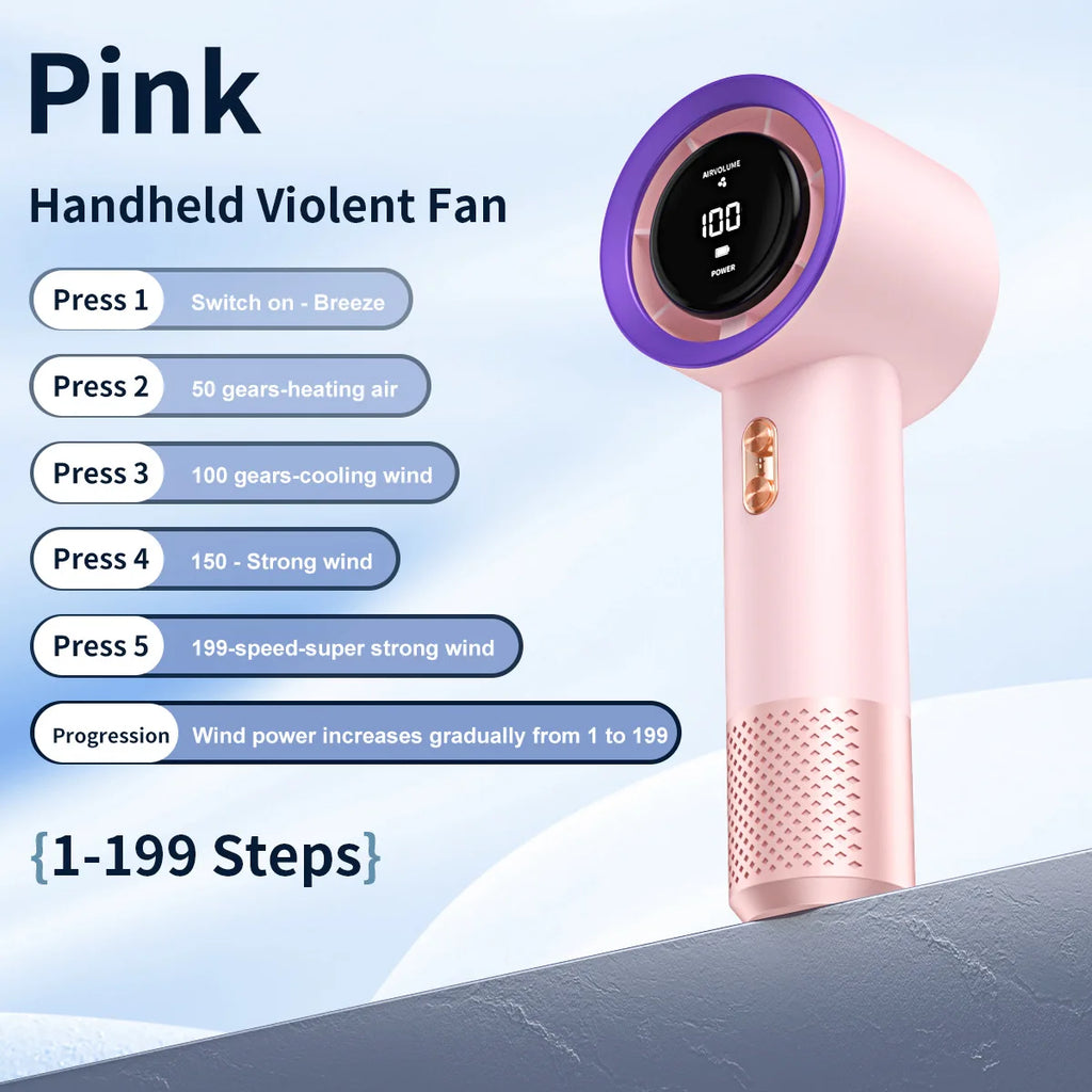 Handheld High Speed Mini Fan, Portable Personal Air Cooler Heater with 199 Levels Infinite Wind Speed Adjustment