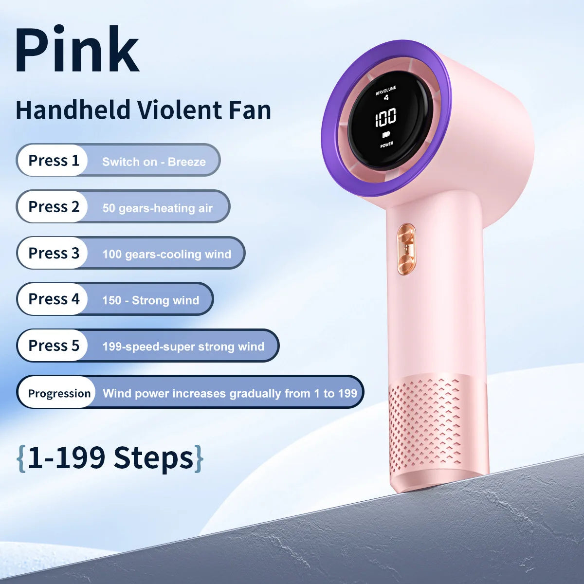 Handheld High Speed Mini Fan, Portable Personal Air Cooler Heater with 199 Levels Infinite Wind Speed Adjustment
