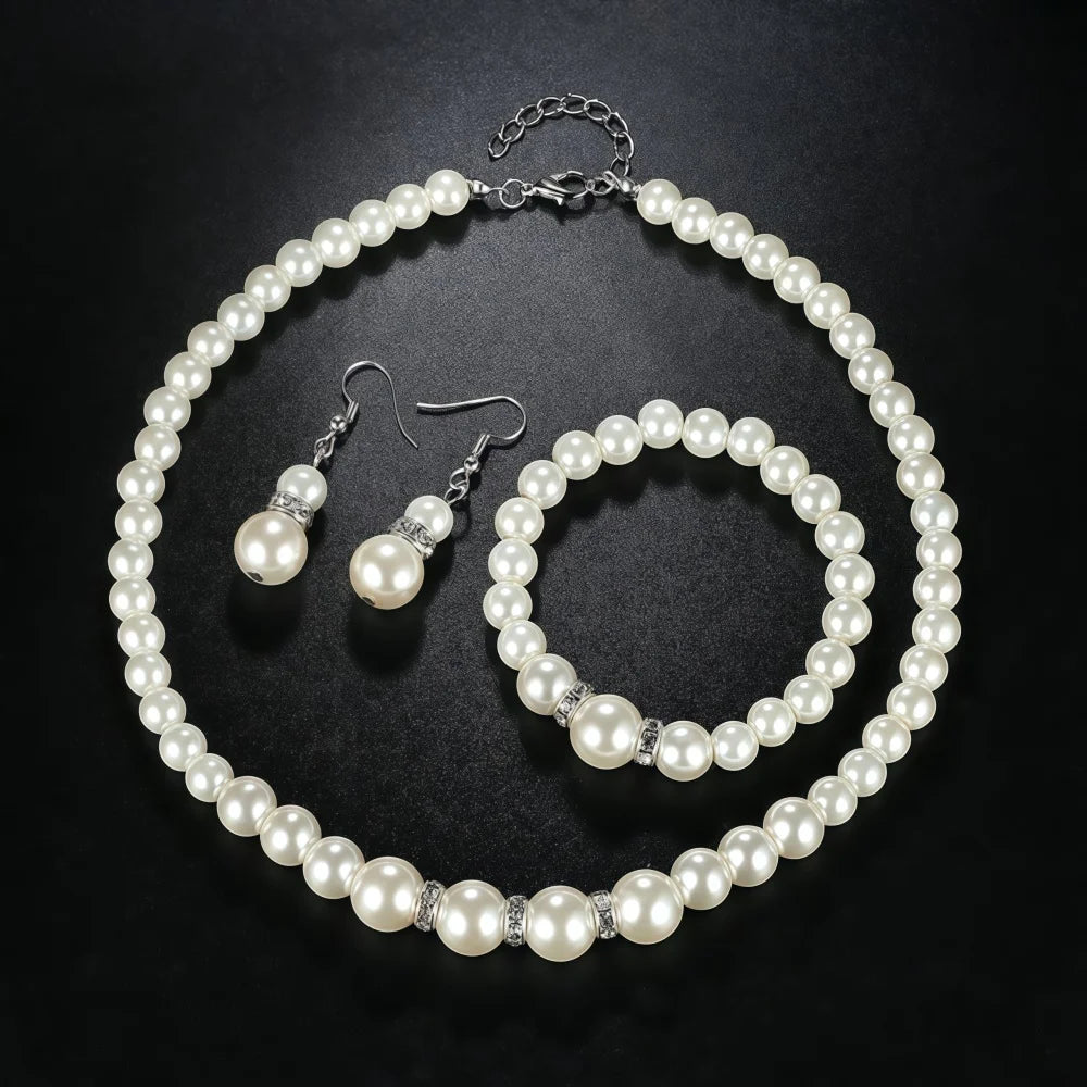 3 PCS Imitation Pearl Fireball Necklace Bracelet Earring Stud Jewelry Set Silver Color Crystal Stone Elegant Bridal Jewelry Gift