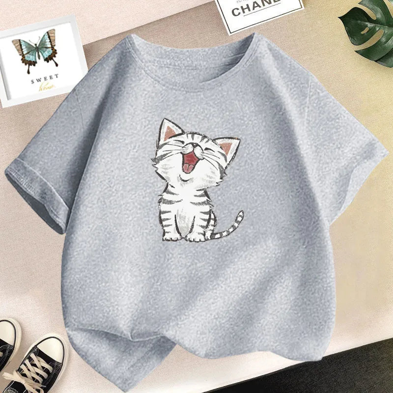 Girls Clothes 2024 Summer Fashion T-Shirt Fun And Cute Cat Kitten Print Short-Sleeved Tops Children Summer Clothes
