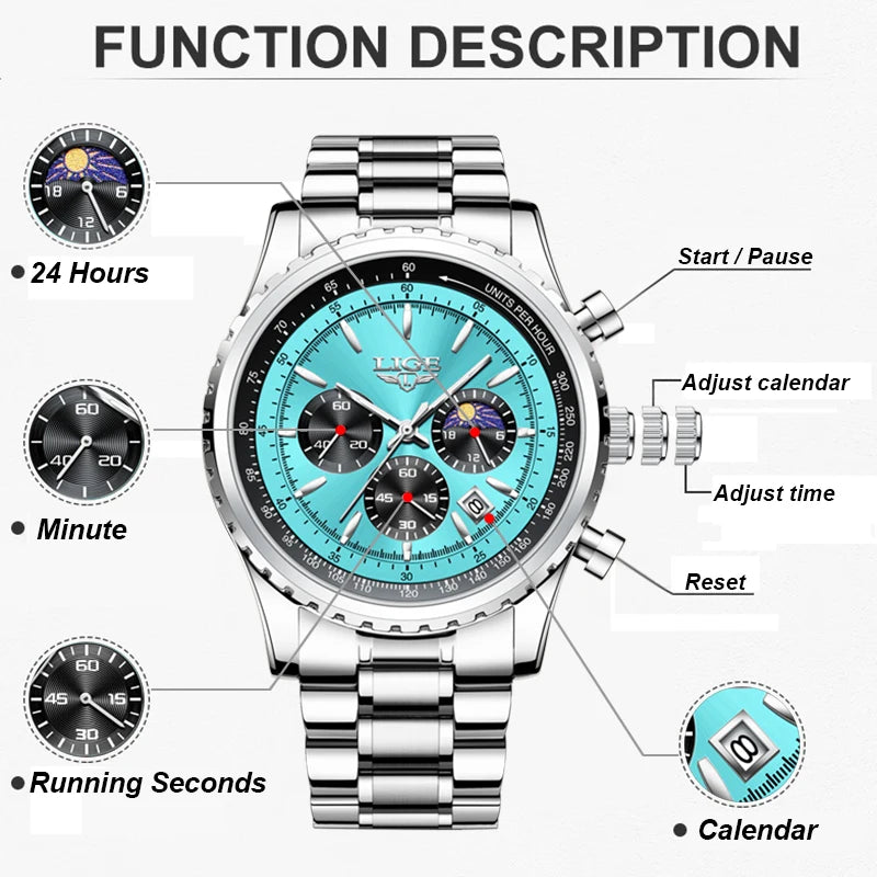 LIGE Fashion Top Brand Luxury Men Watch Casual Business Watch Men Sports Waterproof Quartz chronograph Wrist Watches For Men