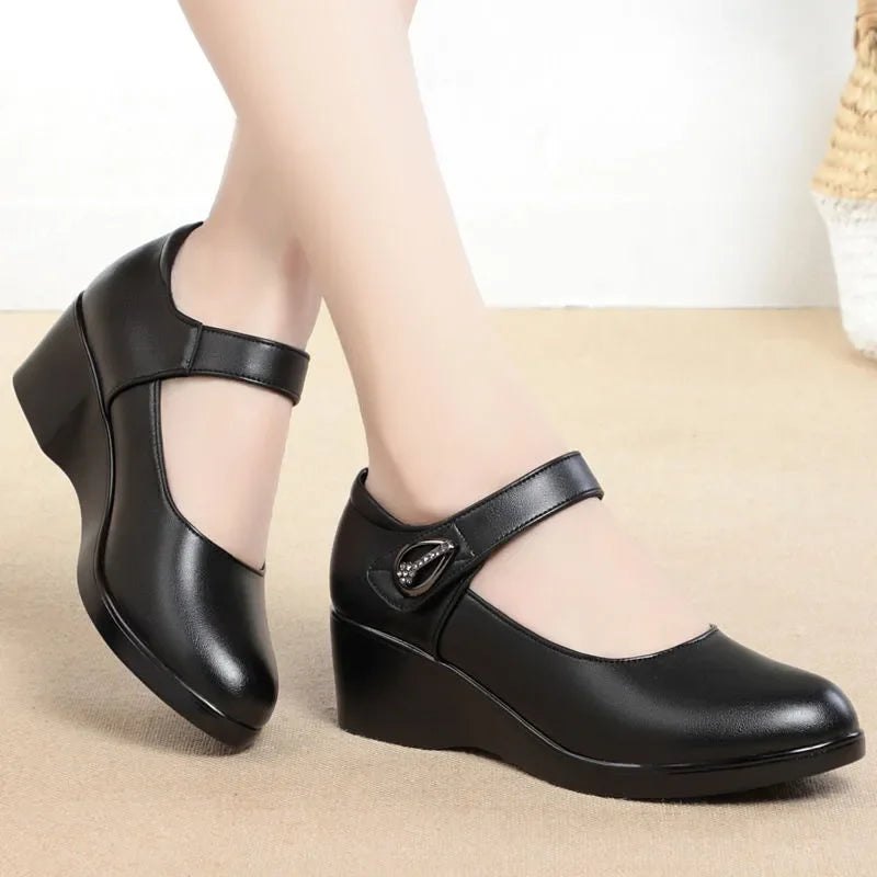 Women Fashion Black Pu Leather Office Square Heel Pumps Lady Casual Sweet Light Weight Comfort Spring Summer Heel Shoes H1173