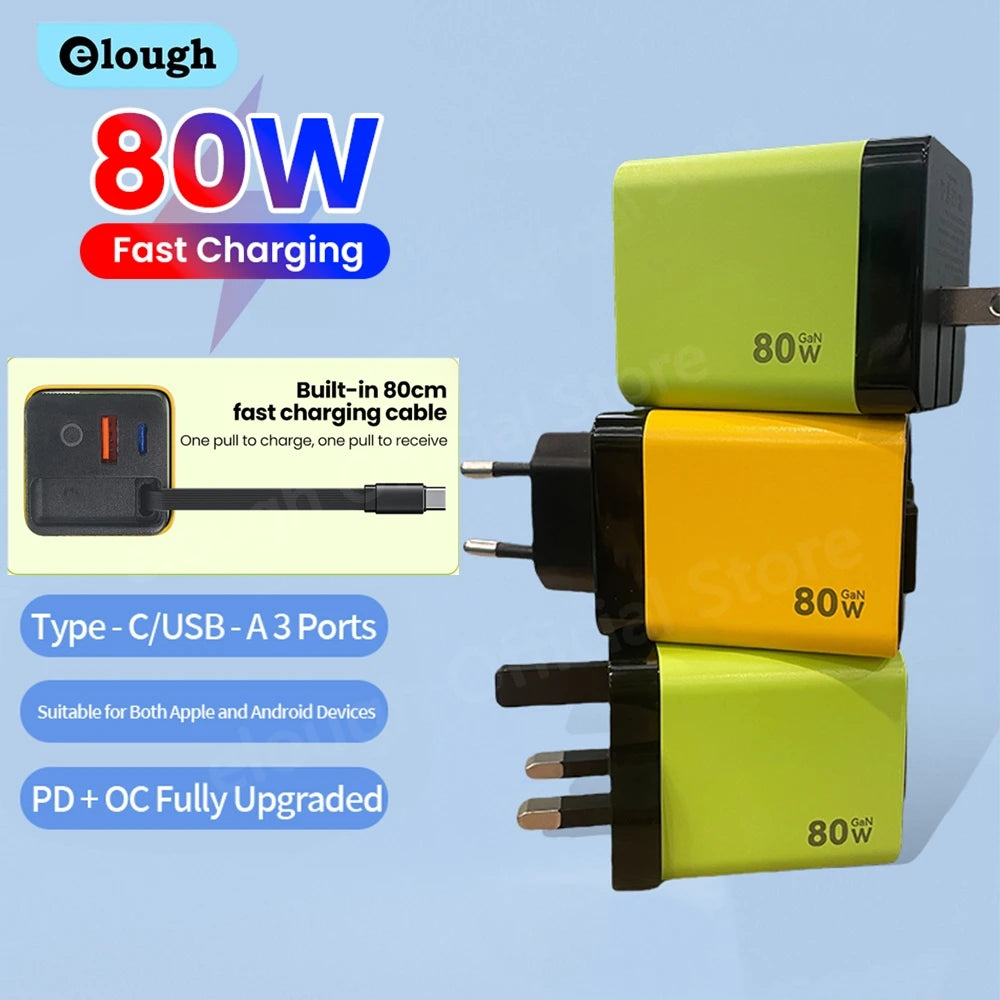 Elough 80W USB Type C Charger with Retractable Cable PD Fast Charging For iPhone 16 Laptop Macbook Phone cargador carga rápida