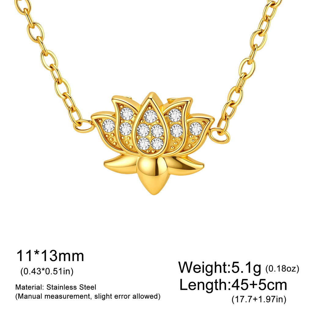 Skyrim Lotus Pendant Necklace for Women Stainless Steel Gold Color Cubic Zirconia Flower Clavicle Chain Spiritual Yoga Jewelry