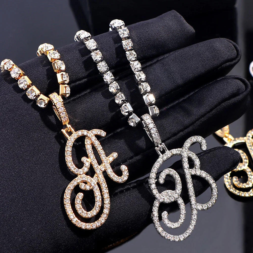 Flatfoosie Fashion A-Z Cursive Letter Crystal Chain Necklace For Women Bling Iced Out Initial Pendant Necklace Hip Hop Jewelry