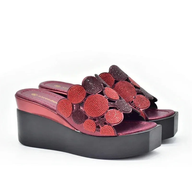 New Fashion Lady Shoes with Rhinestone Crystal Design Open Toe Sexy Nigerian Ladies Shoes Party Wedding Shoes Slippers Pumps