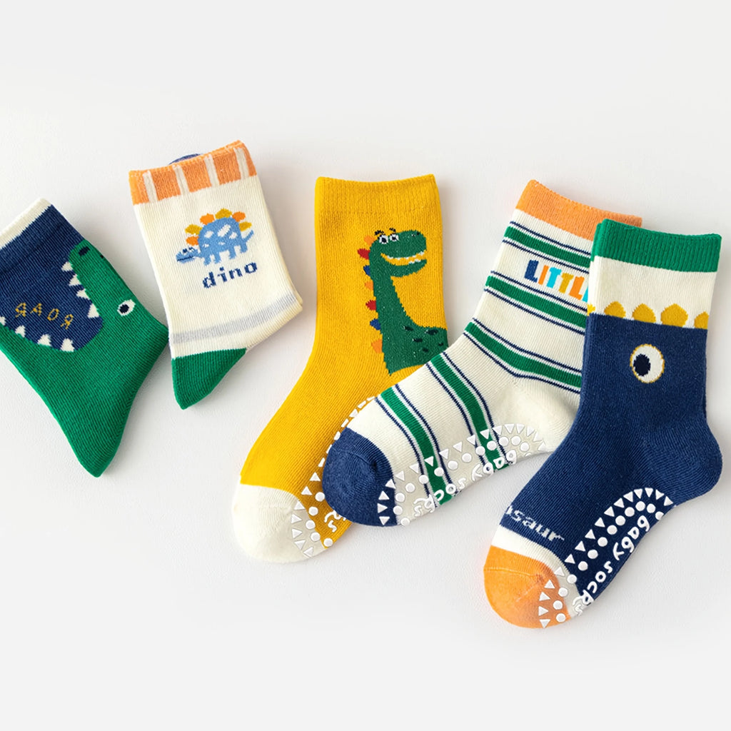 5 Pairs of Children's Floor Socks with Letter Stripes, Cartoon Big-Eyed Dinosaur Pattern, for Boys and Girls, Baby Toddler Soft-Soled Indoor Non-Slip Mid-Tube Socks, Suitable for Casual Daily Life