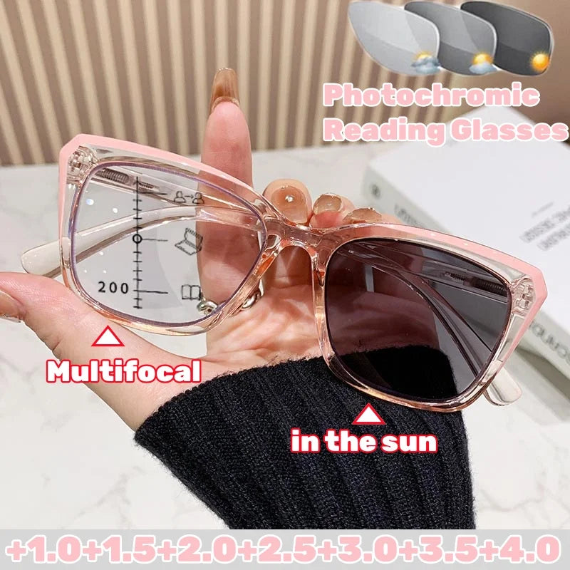 Transparent Frame Photochromic Multifocal Reading Glasses for Women Men Fashion Progressive Anti Blue Light Presbyopia Glasses