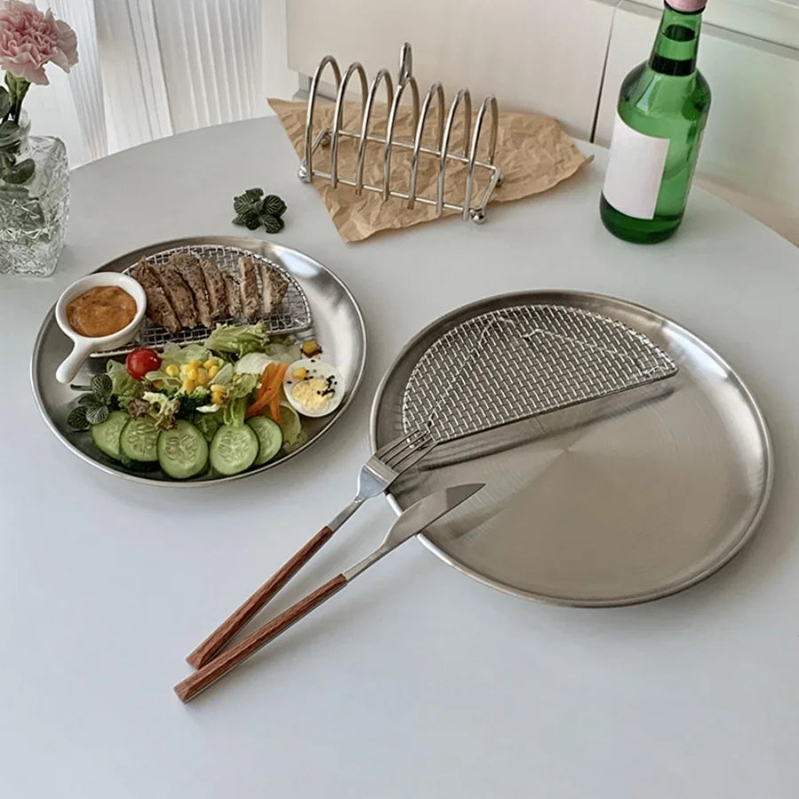 4pcs Stainless Steel Silver Plates, Korean Style Grilled Meat Plates, Household Circular Trays, Bone Plates, Cake Plates