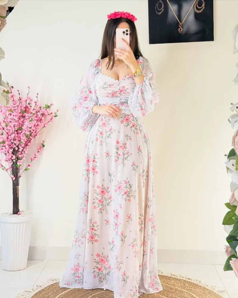 2025 Spring/Summer New Women's Clothing Middle East Chiffon Printed Lace Lace Dress Long Sleeve Bubble Sleeve and Ankle