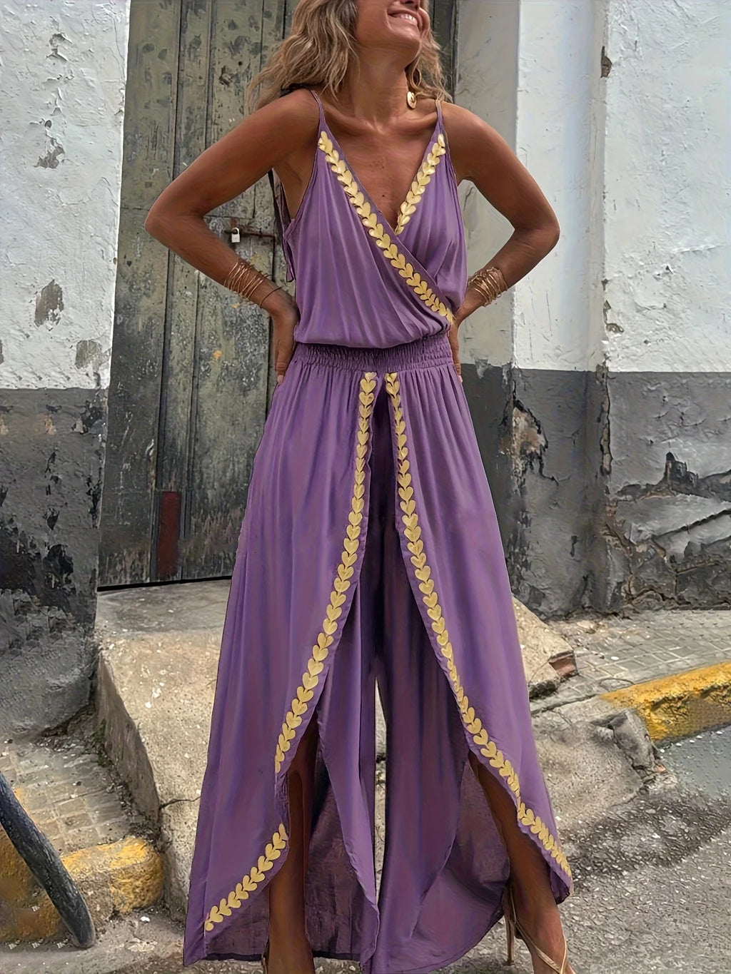 Women's Casual Purple Jumpsuit Gold Embellished Wrap Neck Split Legs High Waist Great for Bohemian Trips City Walks