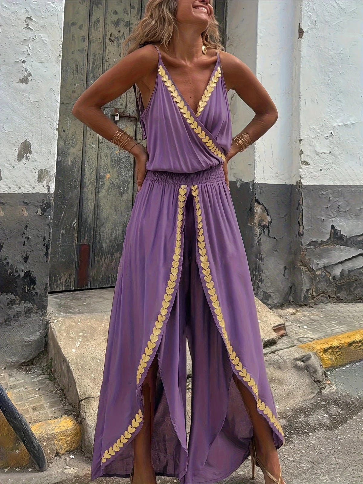 Women's Casual Purple Jumpsuit Gold Embellished Wrap Neck Split Legs High Waist Great for Bohemian Trips City Walks