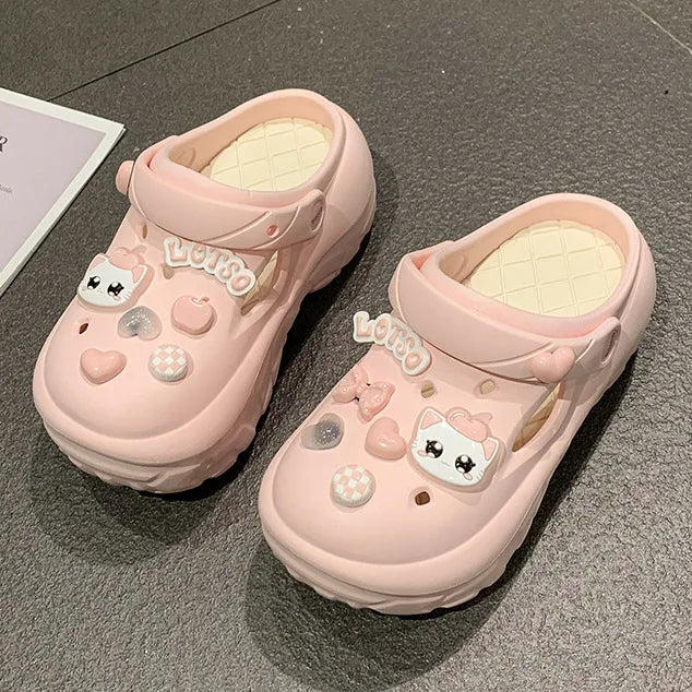 2024 New Sandals DIY Cute Cartoon Clogs Women Mules 7cm Platform Beach Slippers Cave Hole Female Garden Shoes For Students Girls