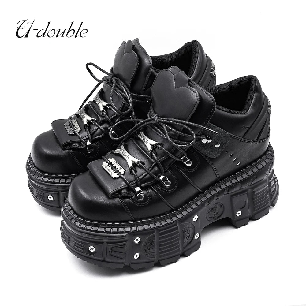 2026 New Punk Style Women Shoes Lace-up Heel Height 6CM Platform Shoes Woman Gothic Ankle Rock Boots Metal Decor Woman Sneakers