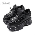 2026 New Punk Style Women Shoes Lace-up Heel Height 6CM Platform Shoes Woman Gothic Ankle Rock Boots Metal Decor Woman Sneakers