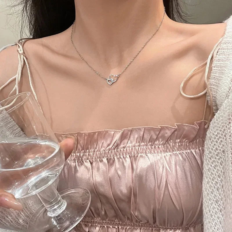 Charm Fashion Silver Color Stainless Steel Double Hearts Zircon Necklace for Women Exquisite Fashion Bride Collar Jewelry Gift