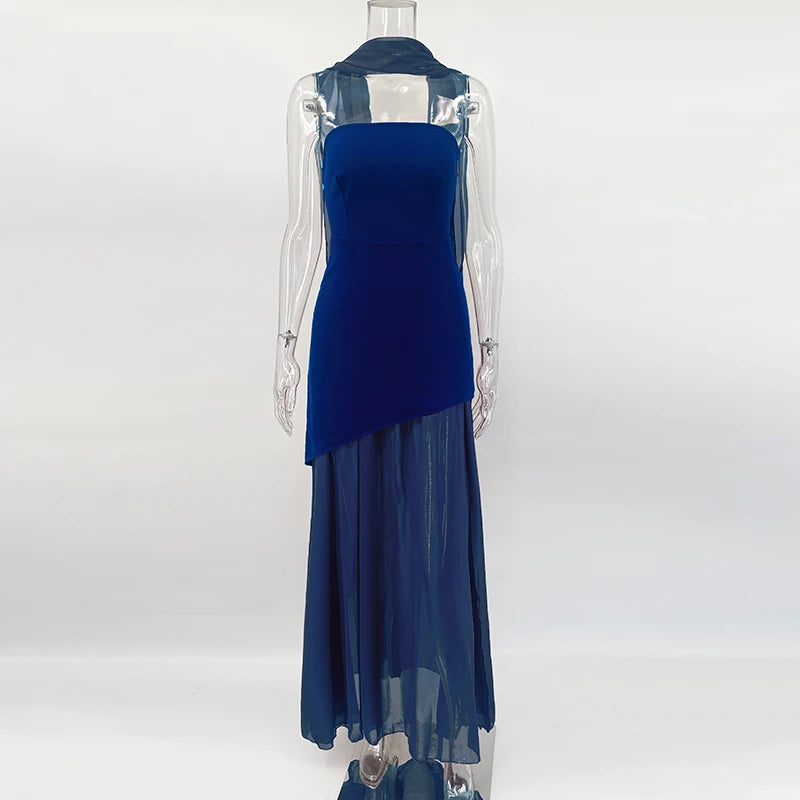 2025 New Strapless Dress With Ribbon Women's Elegant Sleeveless Mesh Beach Vacation Long Dress Spring Fashion Lady Dress