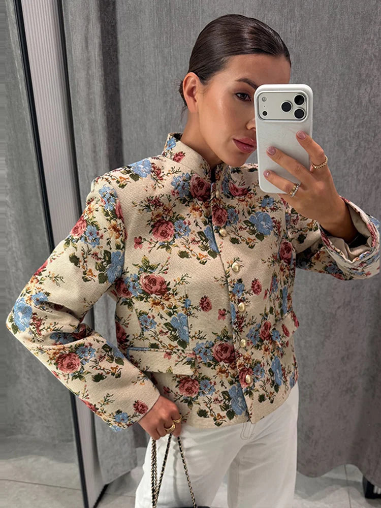 Women Vintage Floral Long Sleeve 2 Piece Set Elegant Stand Neck Cropped Jacket High Waist  Mini Skirt 2026 Daily Commute Outfit