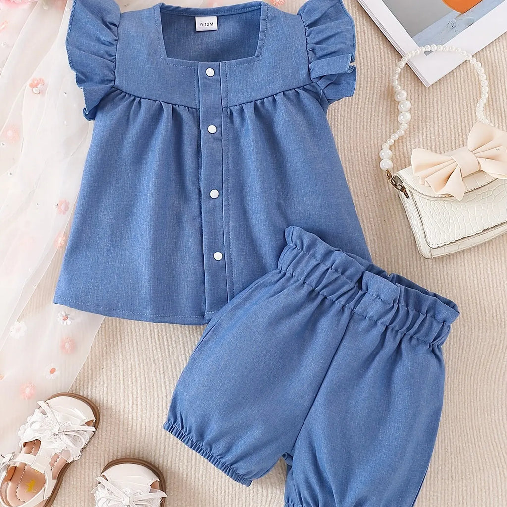 2 Sets Summer Baby Girls New Casual Fashion Cute Comfortable Imitation Denim Cardigan Flying Sleeve + Casual High-Waisted Shorts