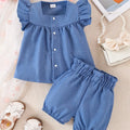 2 Sets Summer Baby Girls New Casual Fashion Cute Comfortable Imitation Denim Cardigan Flying Sleeve + Casual High-Waisted Shorts
