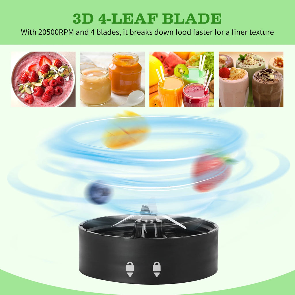 Blender, 600W, 4 Stainless Steel Blades, Includes 2 Portable 800ml Sports Bottles and 2 Lids, Black