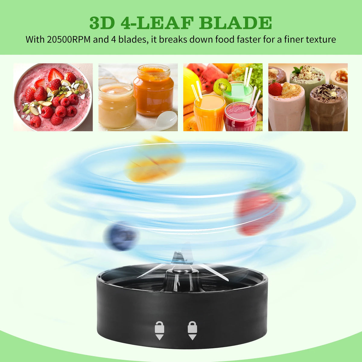 Blender, 600W, 4 Stainless Steel Blades, Includes 2 Portable 800ml Sports Bottles and 2 Lids, Black