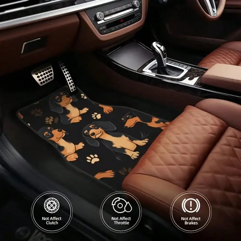 4pcs Dachshund Car Floor Mats - Fun Puppy with Paw Print Design, Non-Slip All-Weather Polyester, Suitable for Cars, Trucks, SUVs