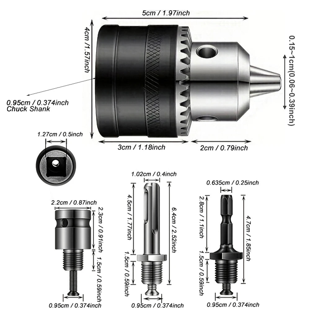 1.5-13mm Drill Chuck,1/2-20UNF Mount Impact Driver Bits Chuck Conversion Hex Shank/SDS-Plus Socket Square Adapter with Chuck Key
