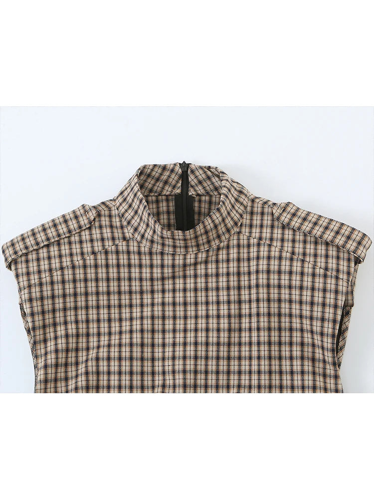 TFMLN Fashion Women Plaid Print Short Playsuits Vintage Stand Collar Elegant Sleeveless Back Zipper Slim Casual Rompers New