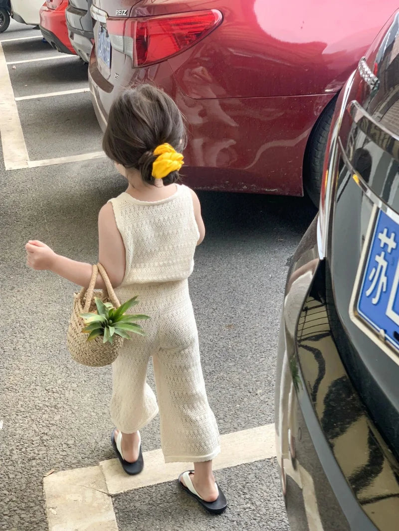 Girl's Clothing Sets Summer Korean Thin Knitted Girl Set Children Hollow Breathable Vest + Wide Leg Pants Two-piece Suit