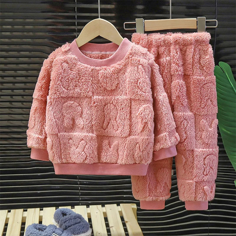 Children Baby Girls Cotton Clothing Sets Autumn Winter Kids Boys Plus Fleece Warm Cartoon Top+Pants 2PCS Outfit Suit 1TO 6 Years
