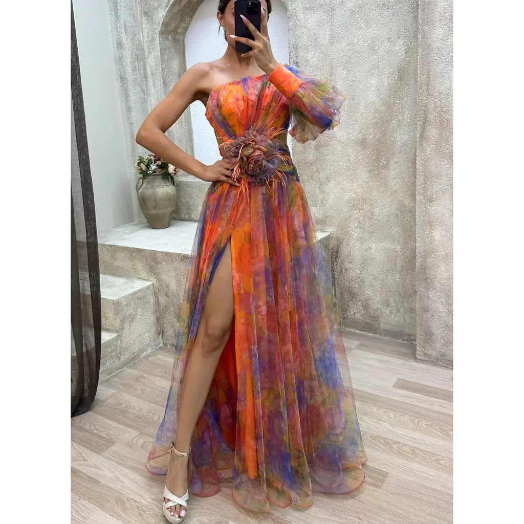 Women New Party Mesh Sloping Shoulder Dress Casual Fashion Sexy High Waist Long Maxi Loose Dress