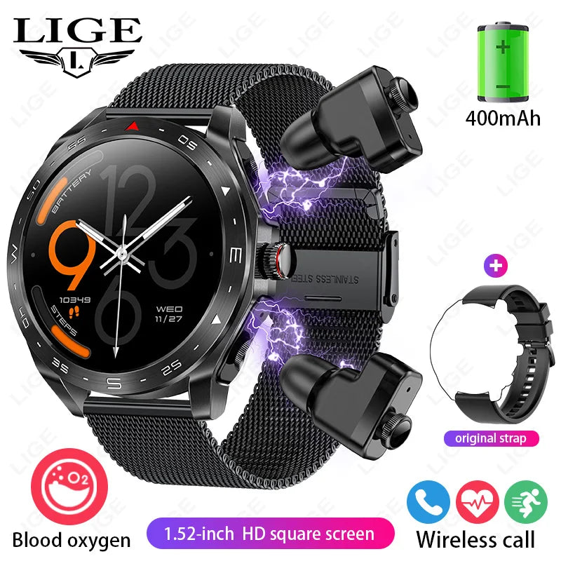 LIGE With Earbuds Bluetooth Headset Smartwatch Women Speaker Tracker Music Sport Watch Men Waterproof Smart Watch AMOLED Screen