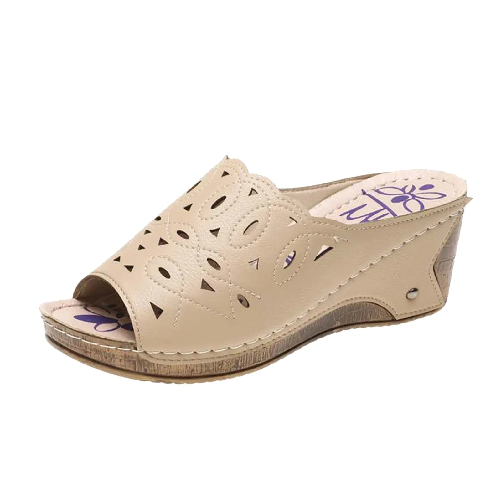 Women'S Sandals Summer 2024 Leather Hollowed Out Fish Mouth Sloping Heel  Roman Sandals Fashionable Solid Color Slippers Heels
