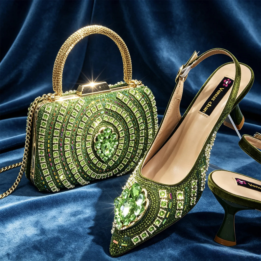 2026 Italian Inspired Gold Rhinestone HAND CRAFTED UPPER Pointed Toe Women High Heels Shoes and Bag Set Elegant Party Shoes