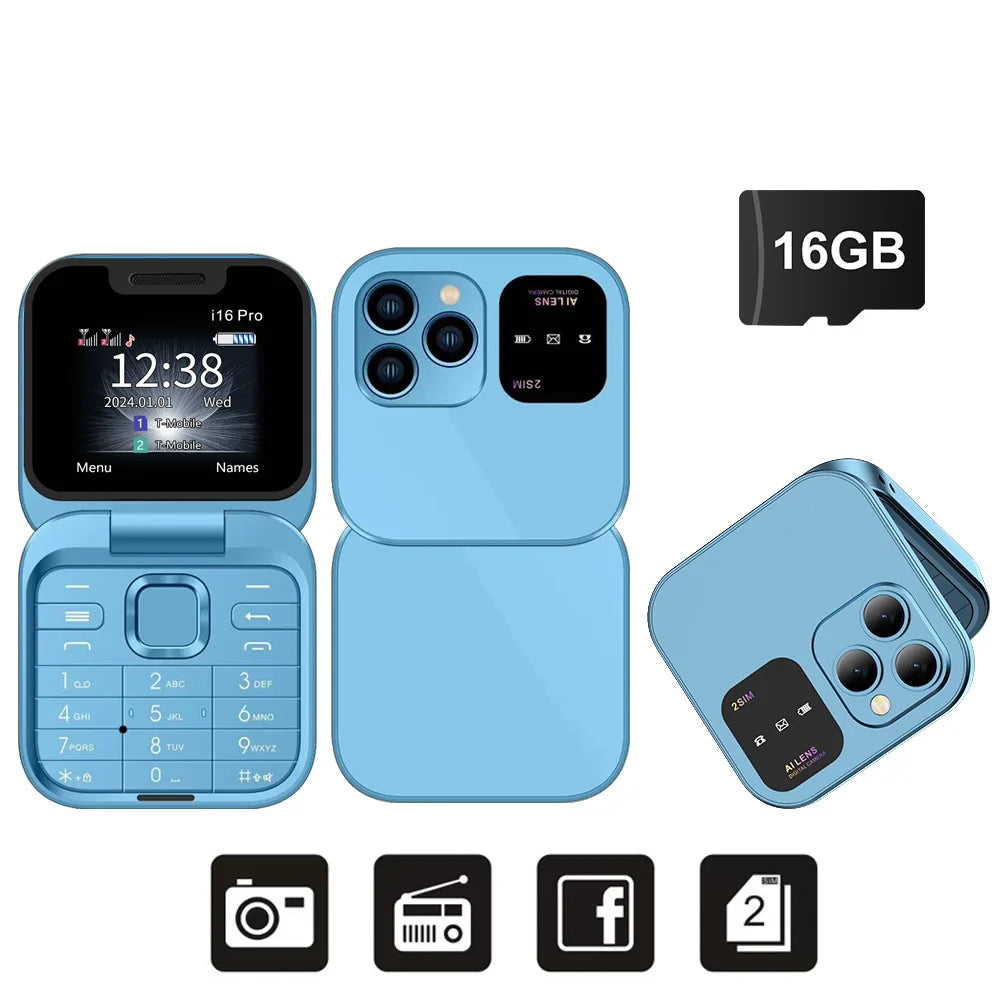 SERVO I16 PRO Foldable Flip Pocket Phone 1.77'' Screen Dual SIM Magic Voice Speed Dial FM Radio 3.5mm Audio Jack Mini Cellphone
