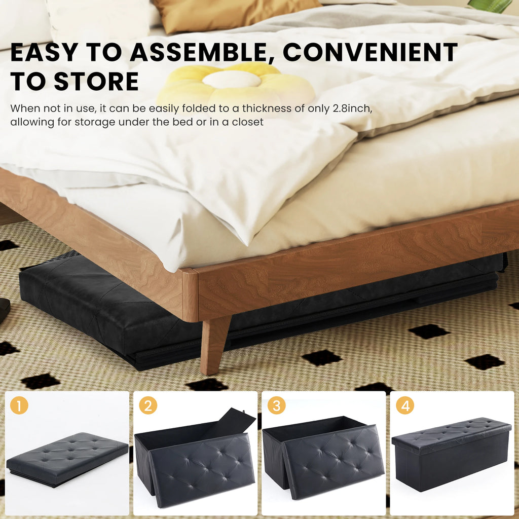 JHK 43 Inches Leather Folding Ottoman Storage Footstool Toy Box Bedroom Bench Load 660 lbs Foot Rest Stool For Living Room