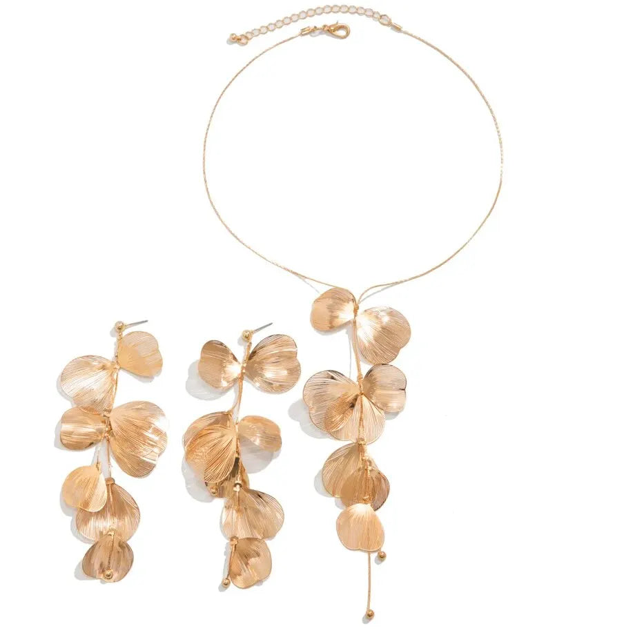 Aesthetic Elegant Ginkgo Leaf Pendant Earrings Necklace Set for Women Romantic Bridal Tassel Jewelry Set Party Neck Accessories