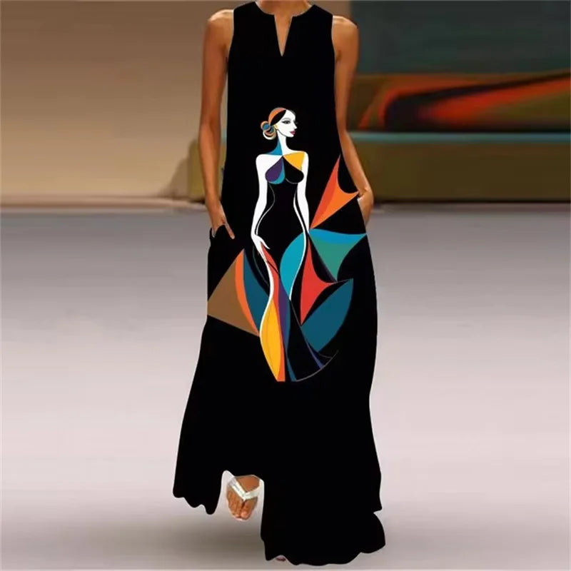 Summer Outdoor Street Fashion Women's Long Dress New Abstract Art Print Dress Sleeveless Vest V-Neck Fashion Women's Party Dress