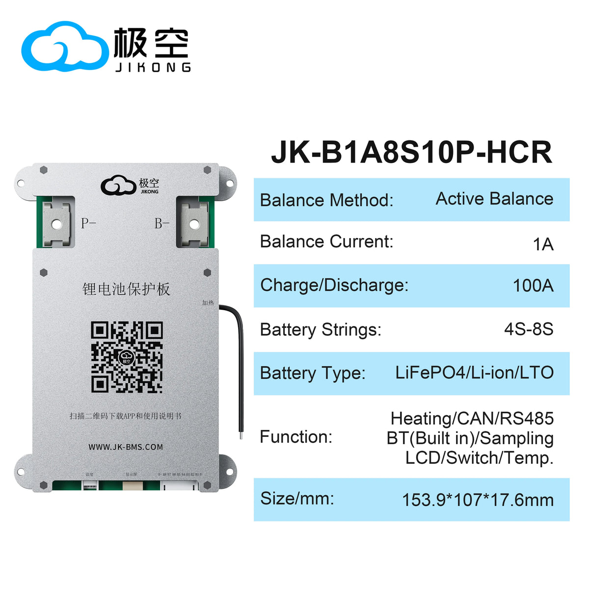 JIKONG JK BMS B1A8S10P BMS HEAT CANBUS RS485 4S 5S 6S 7S 8S 12V 24V BATTERY WITH 1A ACTIVE BALANCE bms lifepo4 Li-ion LTO 18650