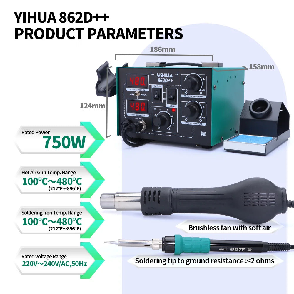 YIHUA 862D++ Soldering Iron Kit BGA SMD Welding Tool Desoldering Rework Station Fast Heating 100-480 Celcius