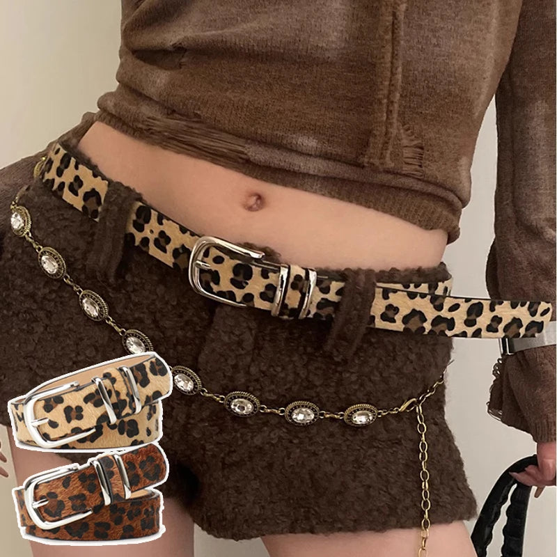 Y2K Retro Leopard Print Belt Fashionable Women's Punk Alloy Buckle Alloy Buckle PU Leather Decorated Belt
