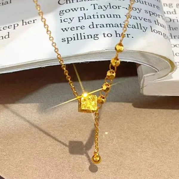 Luxury 24K 9999 Pure Gold real gold Crushed Ice Cube Tassel Pendant INS Fashion Pendant Women's Necklace